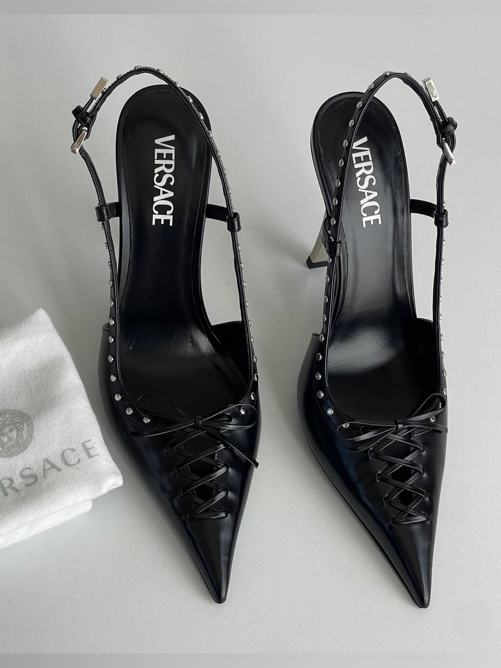 Versace Black Pointed Slingback Pump with Silver Stud Trim